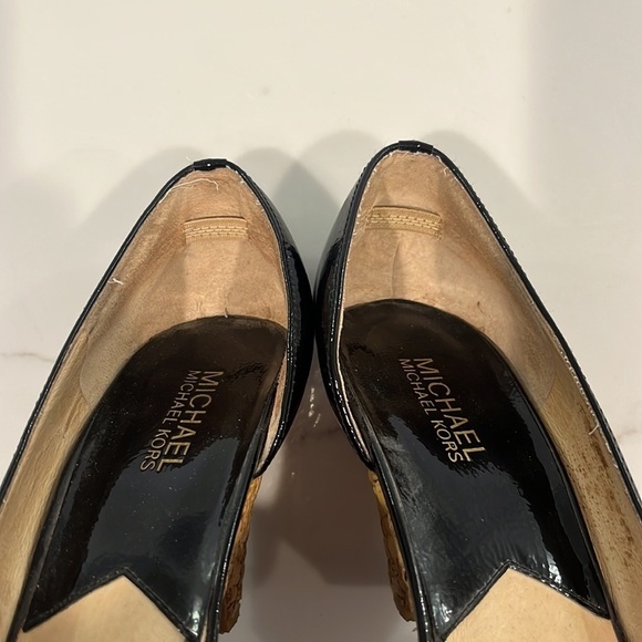 Michael Kors Patent Leather Peep Toe Woven Wedge Heel Shoes - Picture 12 of 12